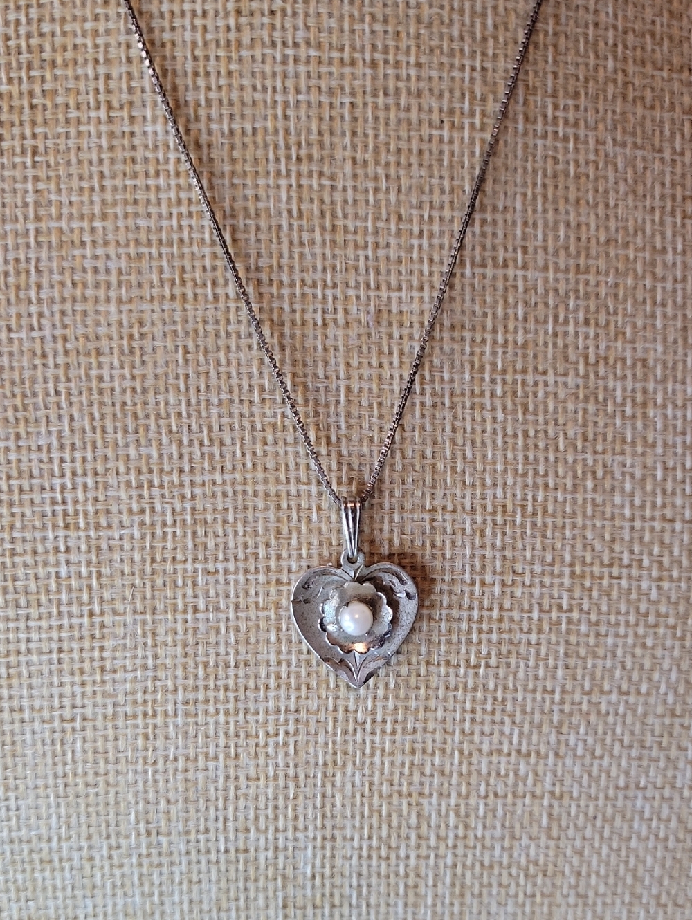 Vintage Sterling Silver Heart Pendant Necklace with Freshwater Pearl Center
